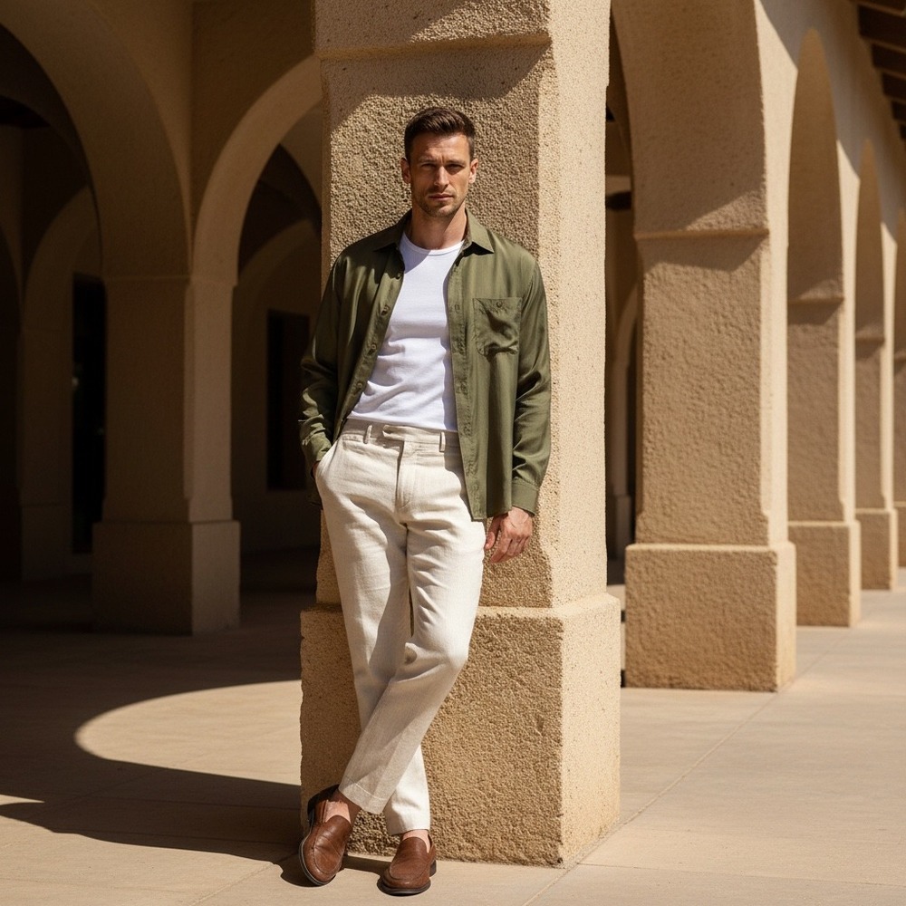 Vintage FUZI SILKSMens Olive Green Silk Long Sleeve Button Up‎ Shirt Size XL